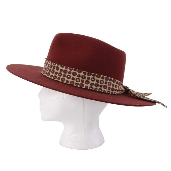 Wyeth Hat Sz One Size 22" Burgundy Red Tan Geometric Patterned Band Felt Hat