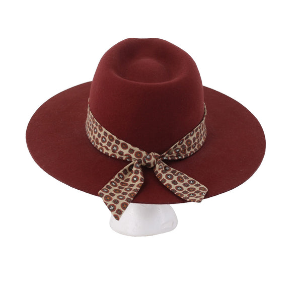 Wyeth Hat Sz One Size 22" Burgundy Red Tan Geometric Patterned Band Felt Hat