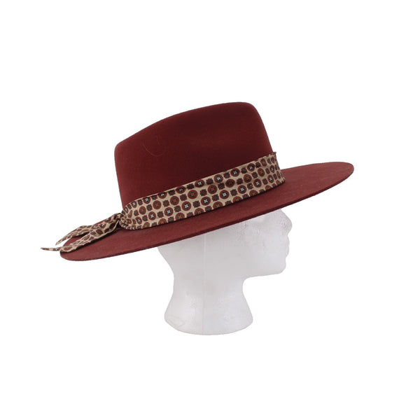 Wyeth Hat Sz One Size 22" Burgundy Red Tan Geometric Patterned Band Felt Hat