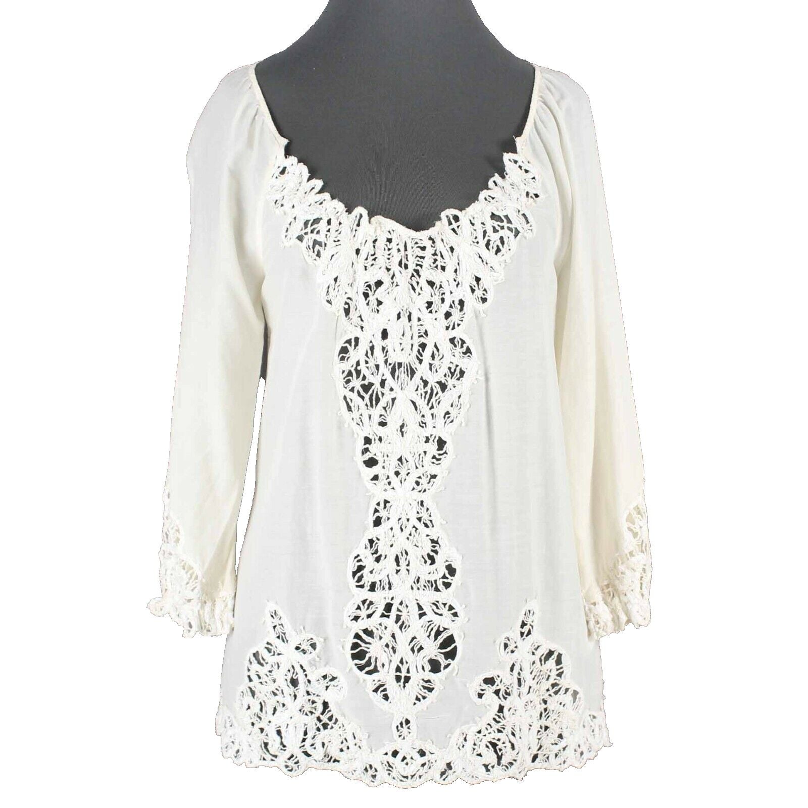 Lucky Brand NEW $120 Sz S Ivory Sheer Lace Inserts Cotton Silk Poly Top