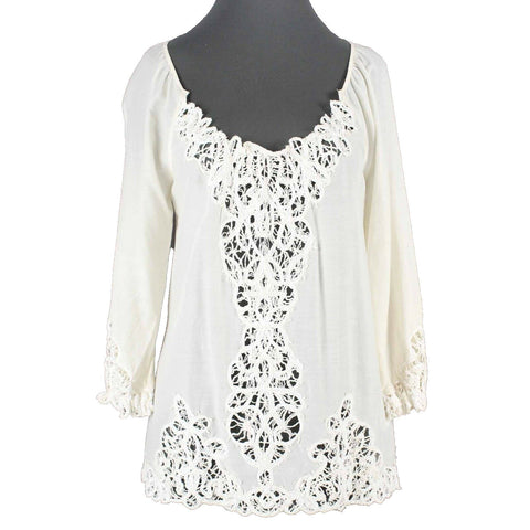 Lucky Brand NEW $120 Sz S Ivory Sheer Lace Inserts Cotton Silk Poly Top