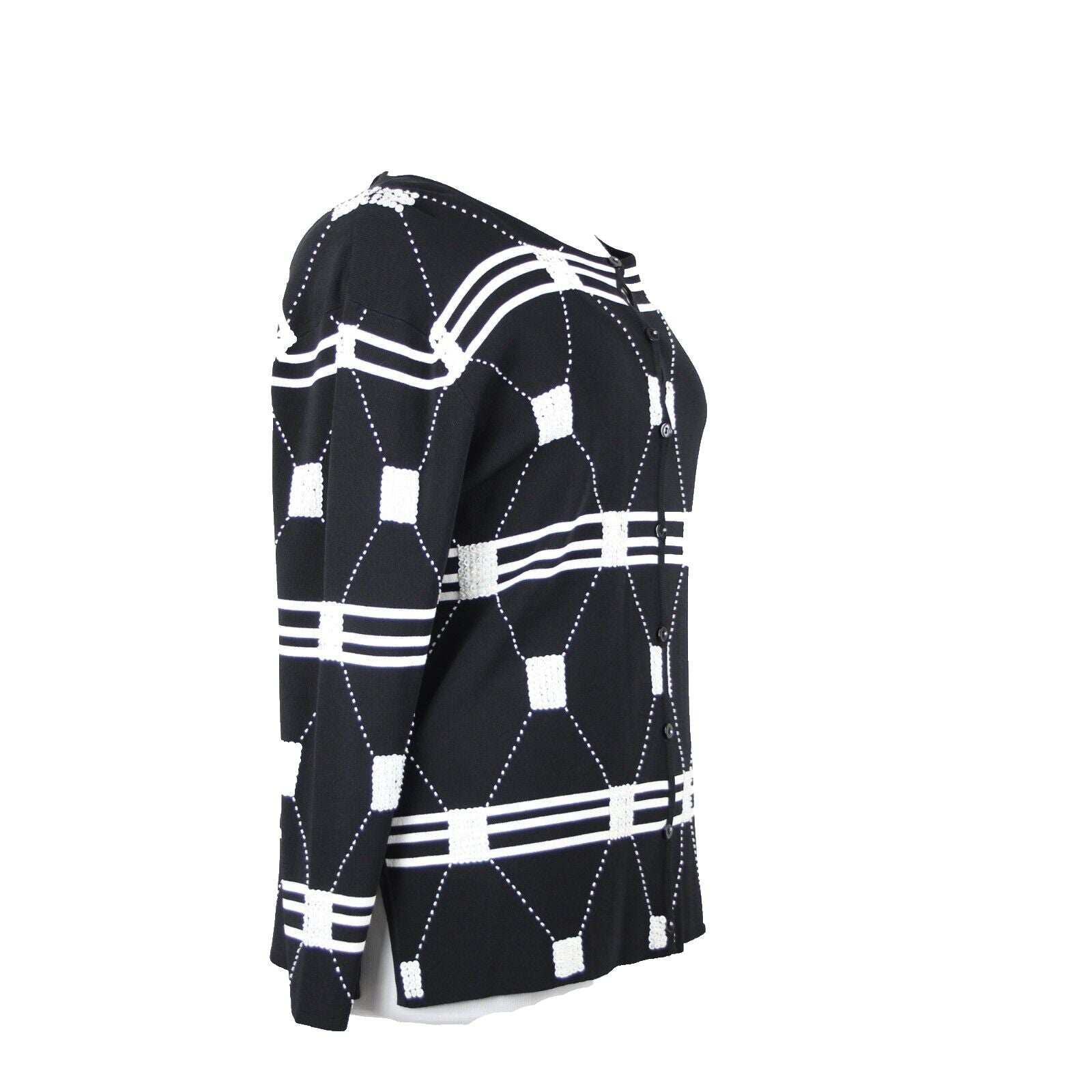 Gardy NEW Sz XL Black White Beaded Sequin Rayon Tight Knit Nylon Cardigan