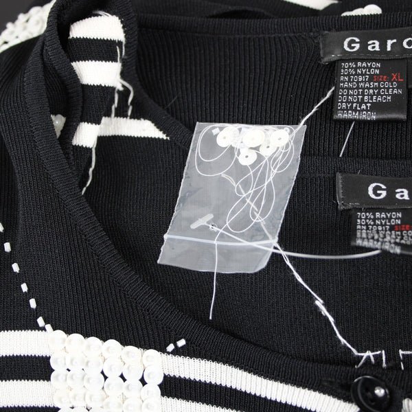 Gardy NEW Sz XL Black White Beaded Sequin Rayon Tight Knit Nylon Cardigan