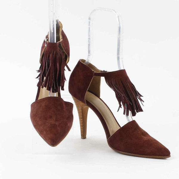 Huma Blanco Sz 38 Burgundy Ankle Fringe Pointed Toe 4in High Heel Shoe