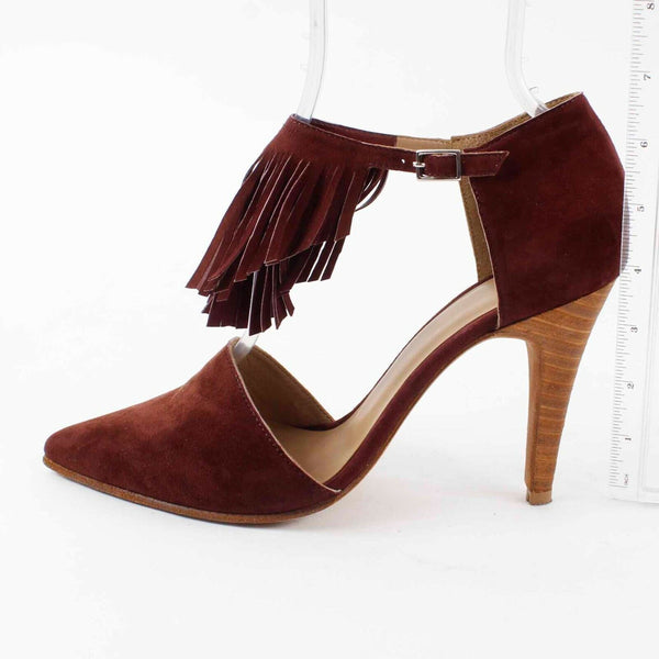 Huma Blanco Sz 38 Burgundy Ankle Fringe Pointed Toe 4in High Heel Shoe