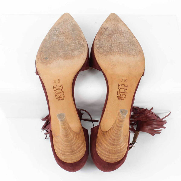Huma Blanco Sz 38 Burgundy Ankle Fringe Pointed Toe 4in High Heel Shoe