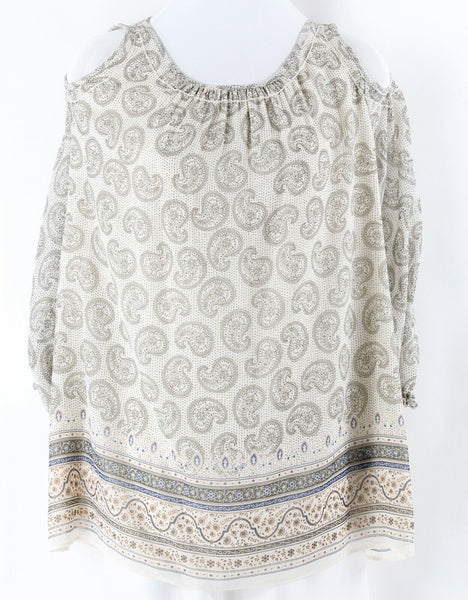 Max Edition NEW Sz S Cream Olive Green Multi Cold Shoulder Lined 100% Poly Top