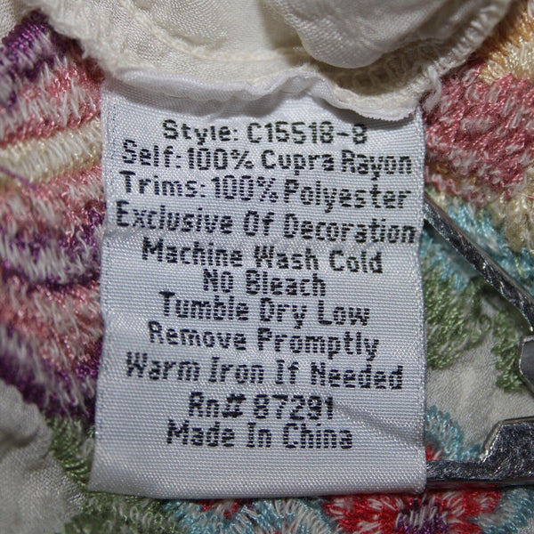 Johnny Was Sz M Cream Multi Color Embroidered Mesh Rayon 100% Rayon PolyTop