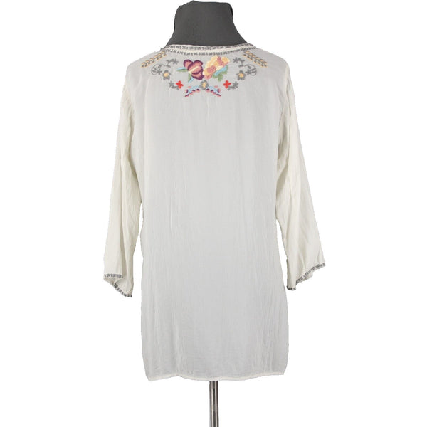 Johnny Was Sz M Cream Multi Color Embroidered Mesh Rayon 100% Rayon PolyTop