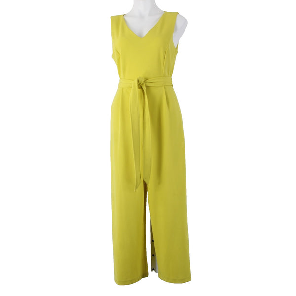 Calvin Klein Jumpsuit Sz 10 x 25 Lime Yellow Belted Pockets V Neck Poly Spandex
