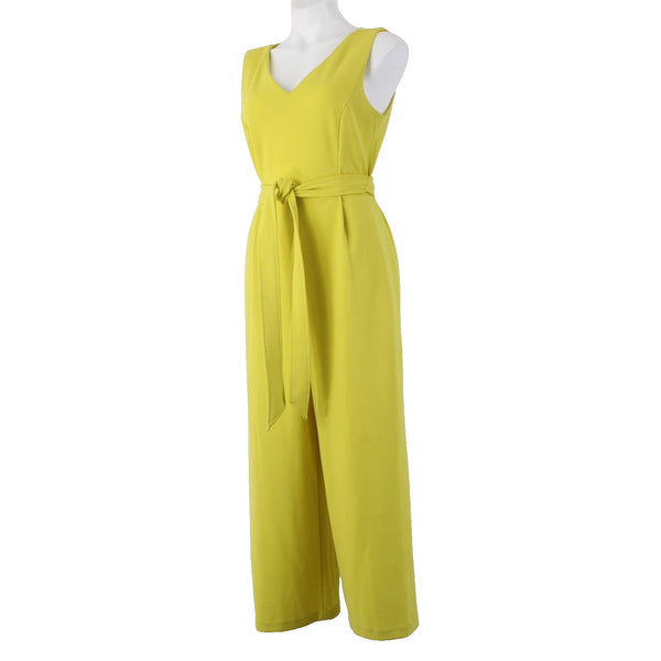 Calvin Klein Jumpsuit Sz 10 x 25 Lime Yellow Belted Pockets V Neck Poly Spandex