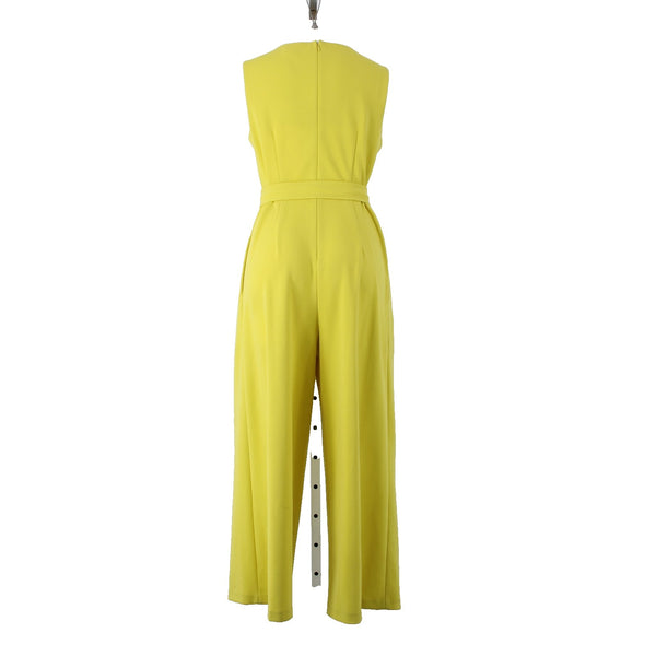 Calvin Klein Jumpsuit Sz 10 x 25 Lime Yellow Belted Pockets V Neck Poly Spandex