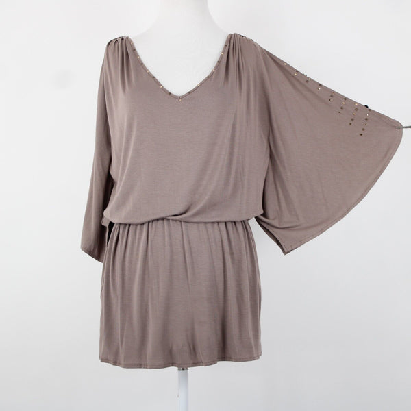 Cache NEW $79 Honey Brown Rhinestones V Neck Cold Shoulder Viscose Spandex Top