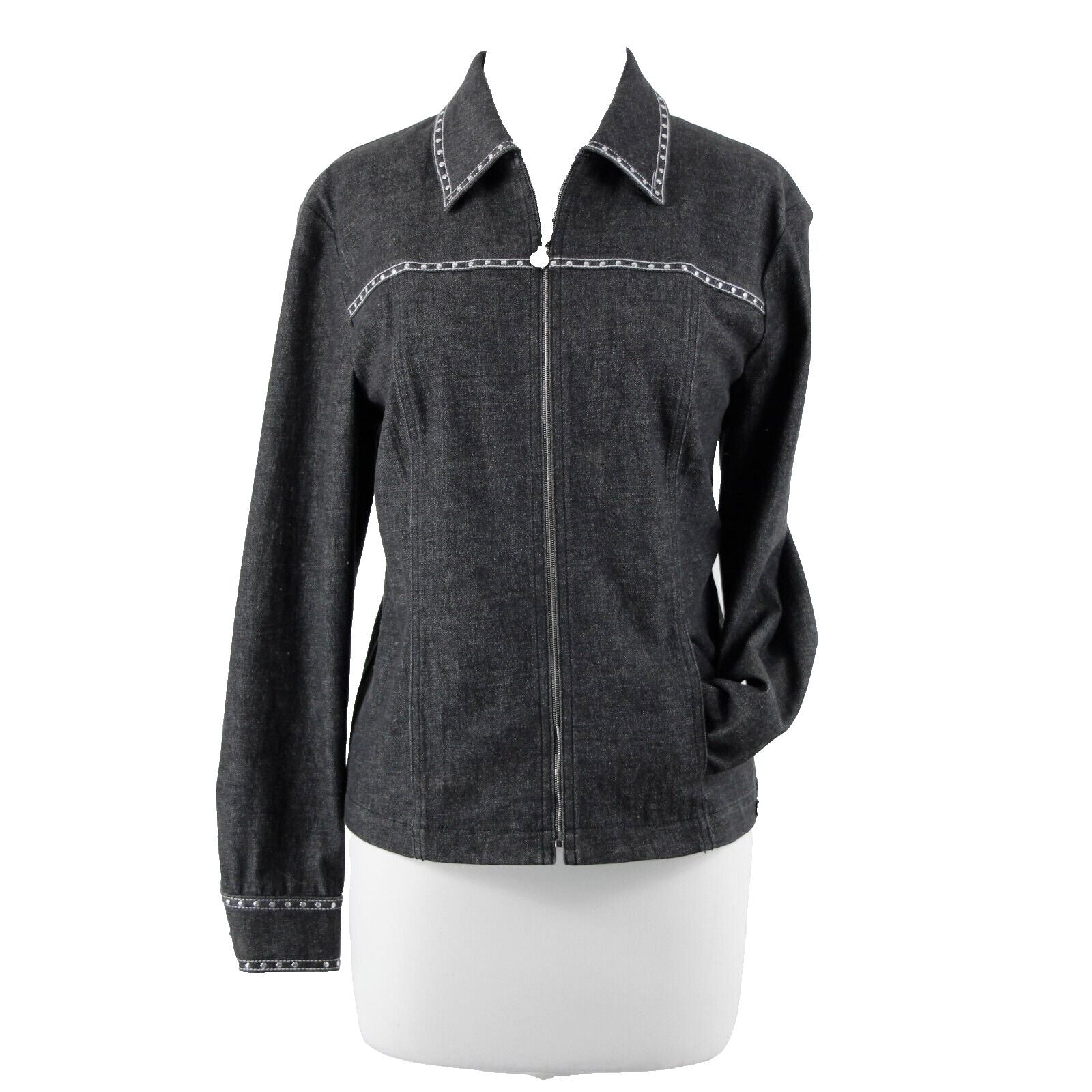 St John Sport Sz S Gray Denim Silver Stud Detail Pockets Jacket