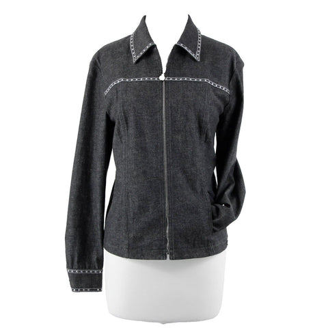 St John Sport Sz S Gray Denim Silver Stud Detail Pockets Jacket