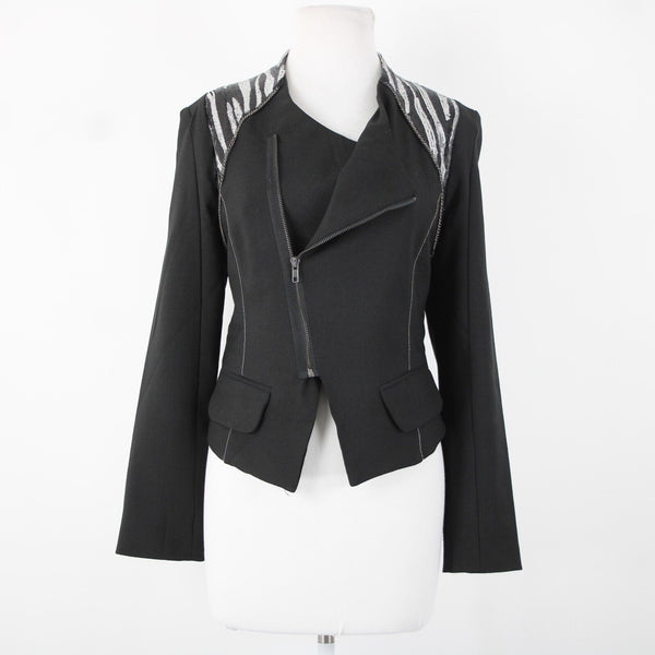 Poetry Sz L Black Silver Sequin Collared Pockets Lined 100% Polyester Jacket