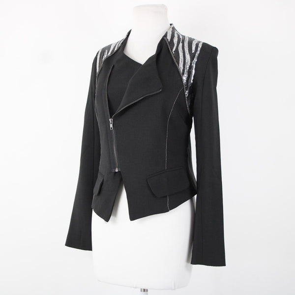 Poetry Sz L Black Silver Sequin Collared Pockets Lined 100% Polyester Jacket