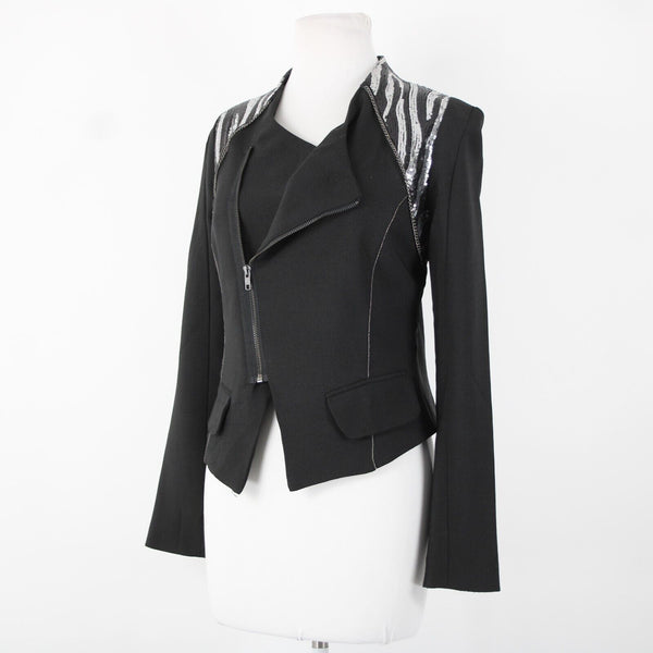 Poetry Sz L Black Silver Sequin Collared Pockets Lined 100% Polyester Jacket