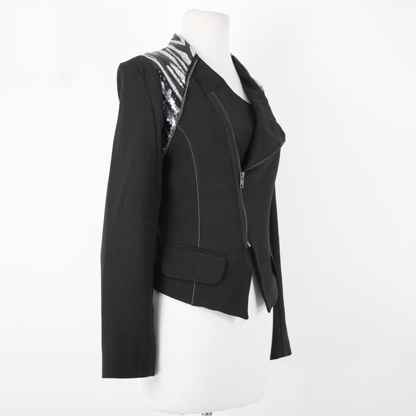 Poetry Sz L Black Silver Sequin Collared Pockets Lined 100% Polyester Jacket