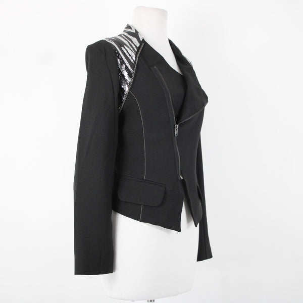 Poetry Sz L Black Silver Sequin Collared Pockets Lined 100% Polyester Jacket