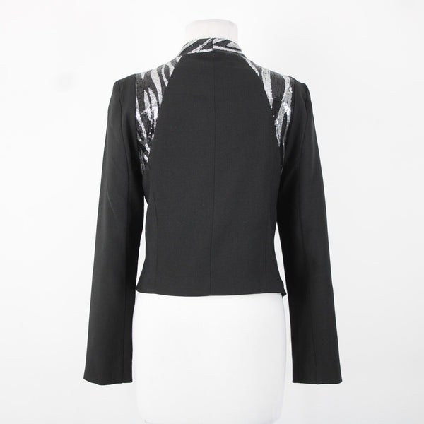 Poetry Sz L Black Silver Sequin Collared Pockets Lined 100% Polyester Jacket