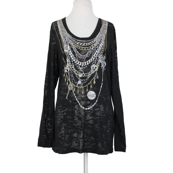 Seven 7 Luxe NEW Sz 14/16 Black Silver Gold Painted Chain Cotton Polyester Top