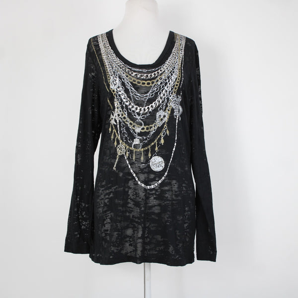 Seven 7 Luxe NEW Sz 14/16 Black Silver Gold Painted Chain Cotton Polyester Top
