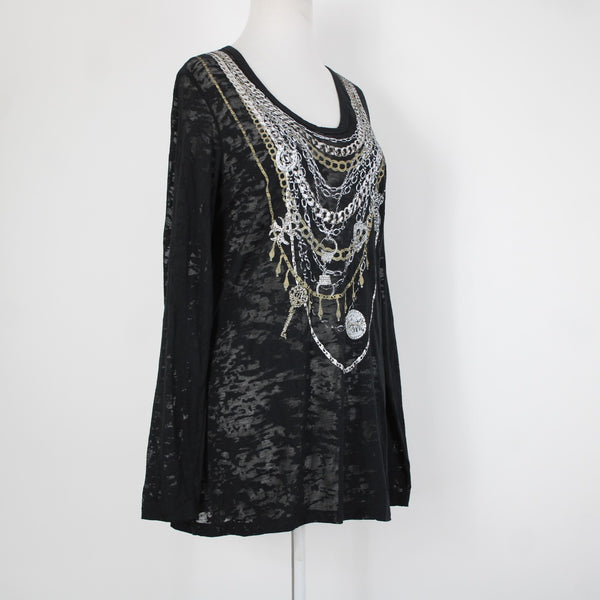 Seven 7 Luxe NEW Sz 14/16 Black Silver Gold Painted Chain Cotton Polyester Top
