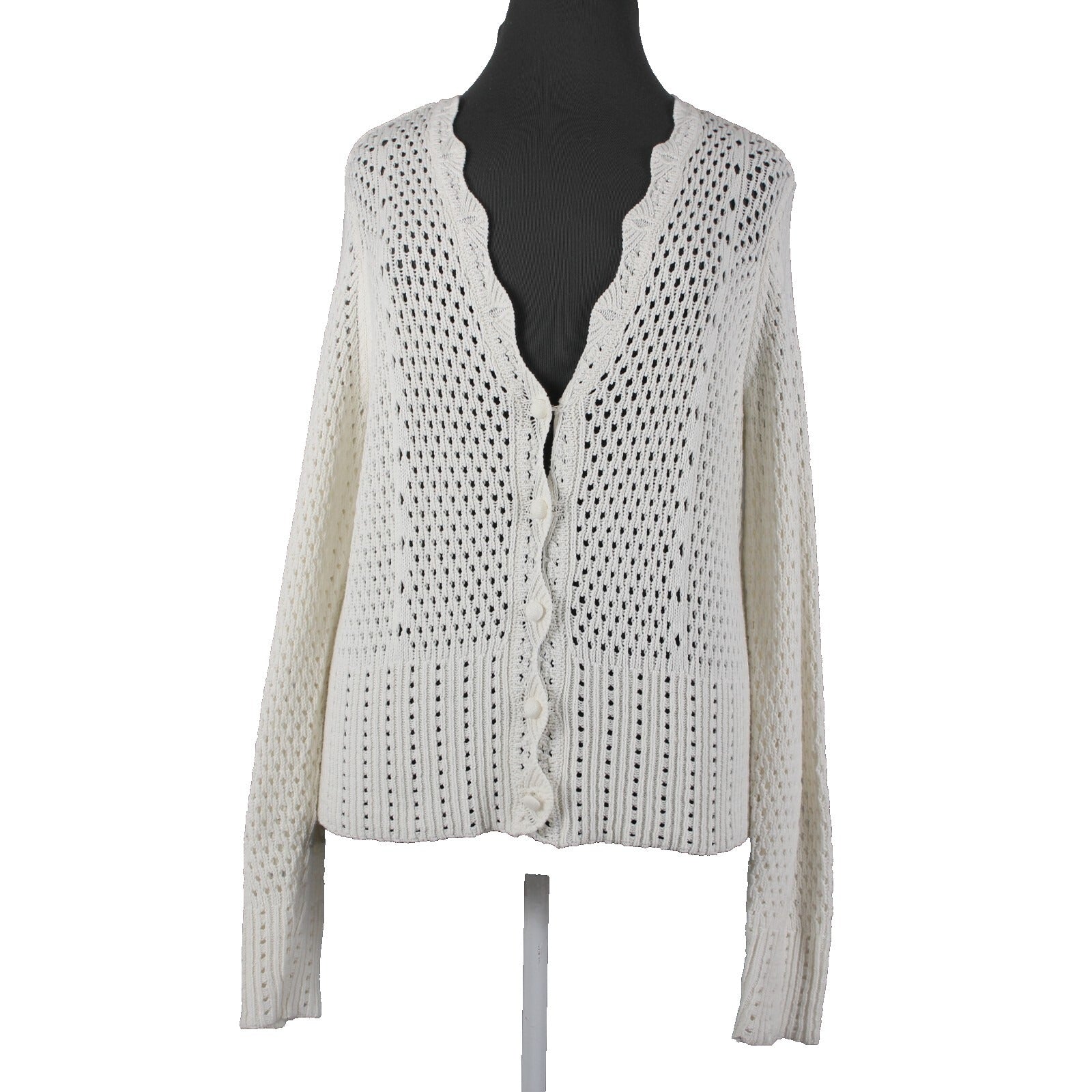 Marled NEW Sz XL Ivory Open Knit Buttons Cotton Acrylic Cardigan Sweater