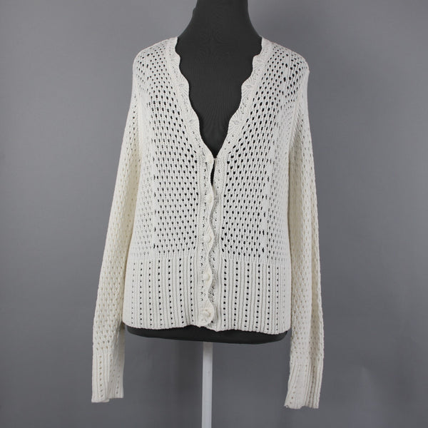 Marled NEW Sz XL Ivory Open Knit Buttons Cotton Acrylic Cardigan Sweater