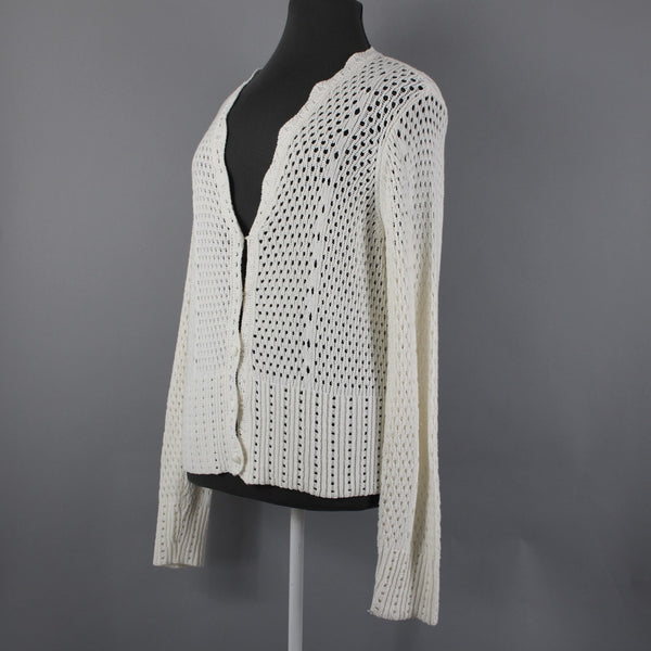 Marled NEW Sz XL Ivory Open Knit Buttons Cotton Acrylic Cardigan Sweater