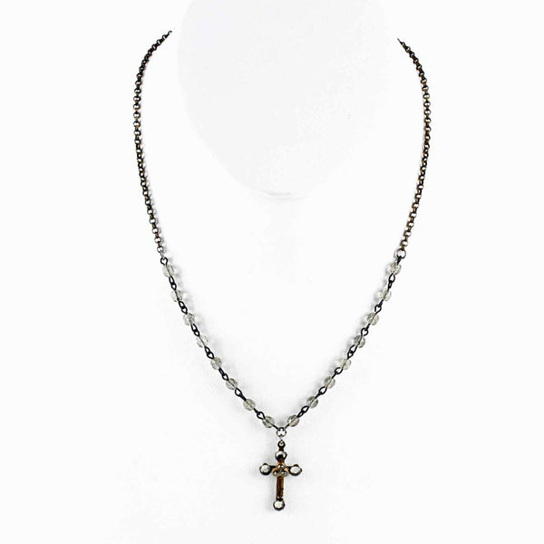 Belladonna 17in Goldtone Beaded Chain Rhinestone Embellished Cross Necklace