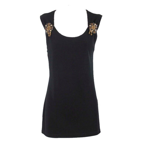 Coldwater Creek Sz S NWT Black Brown  Bead Applique Text Knit Acetate Blend Top