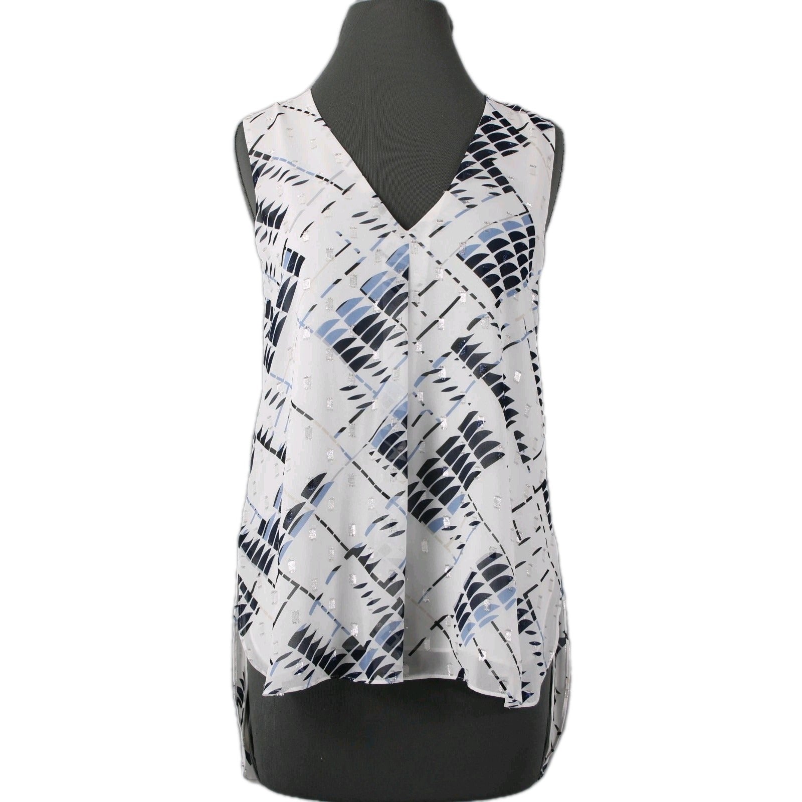 White House BM Sz M White Navy Multi Color Polyester Chiffon Overlay Lined Top