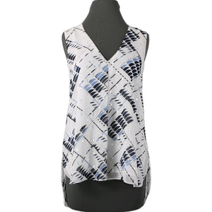 White House BM Sz M White Navy Multi Color Polyester Chiffon Overlay Lined Top
