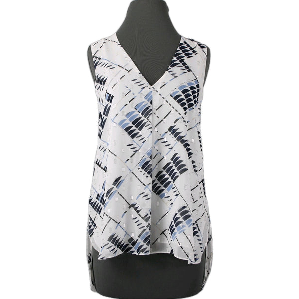 White House BM Sz M White Navy Multi Color Polyester Chiffon Overlay Lined Top