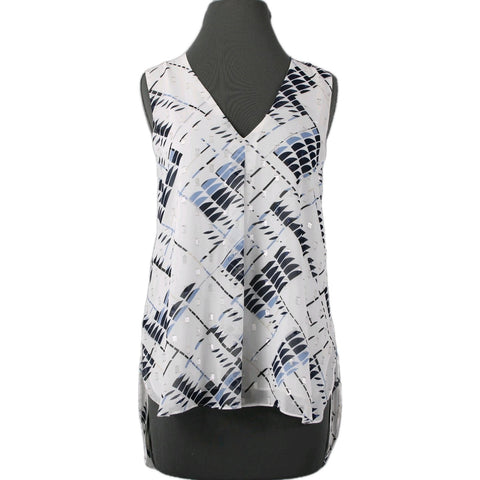 White House BM Sz M White Navy Multi Color Polyester Chiffon Overlay Lined Top