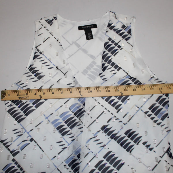 White House BM Sz M White Navy Multi Color Polyester Chiffon Overlay Lined Top