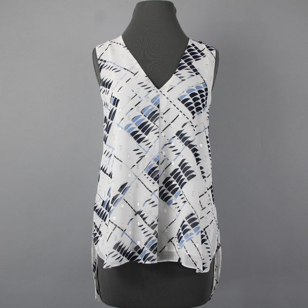 White House BM Sz M White Navy Multi Color Polyester Chiffon Overlay Lined Top
