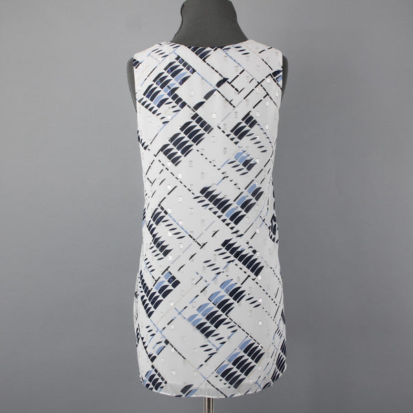 White House BM Sz M White Navy Multi Color Polyester Chiffon Overlay Lined Top