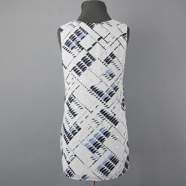 White House BM Sz M White Navy Multi Color Polyester Chiffon Overlay Lined Top