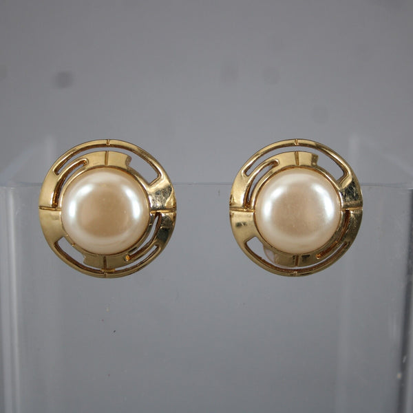 St John Goldtone Cream Faux Pearl 1" Clip On Earrings