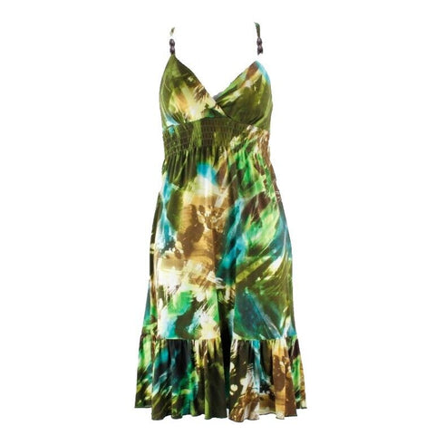 BISOU BISOU Sz 6 Lime Brown Multi Smocked Wooden Bead Cross Back Dress