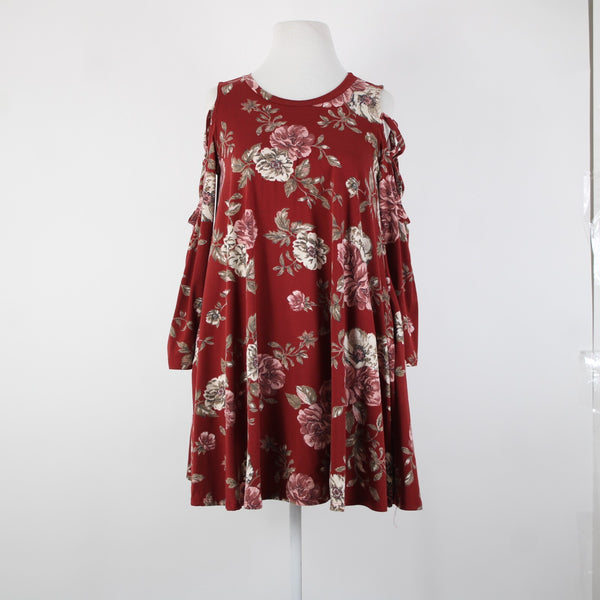 Pomelo Sz S? Burgundy Red Multi Color Pockets Cold Shoulder No Fabric Dress