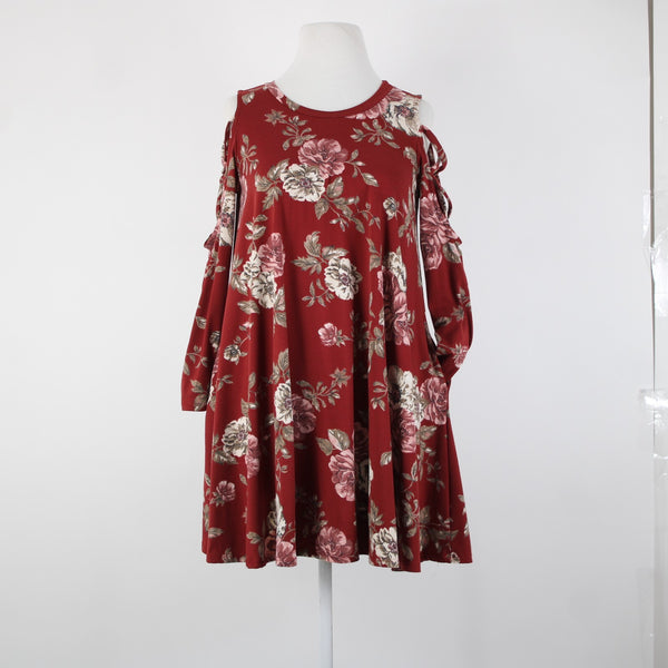 Pomelo Sz S? Burgundy Red Multi Color Pockets Cold Shoulder No Fabric Dress