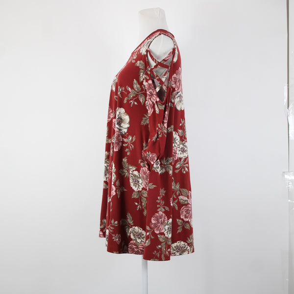 Pomelo Sz S? Burgundy Red Multi Color Pockets Cold Shoulder No Fabric Dress