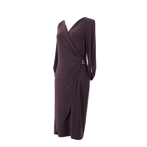 Joseph Ribkoff Sz 6 Purple Faux Wrap Gold Buckle Ruched Unlined Jersey Dress