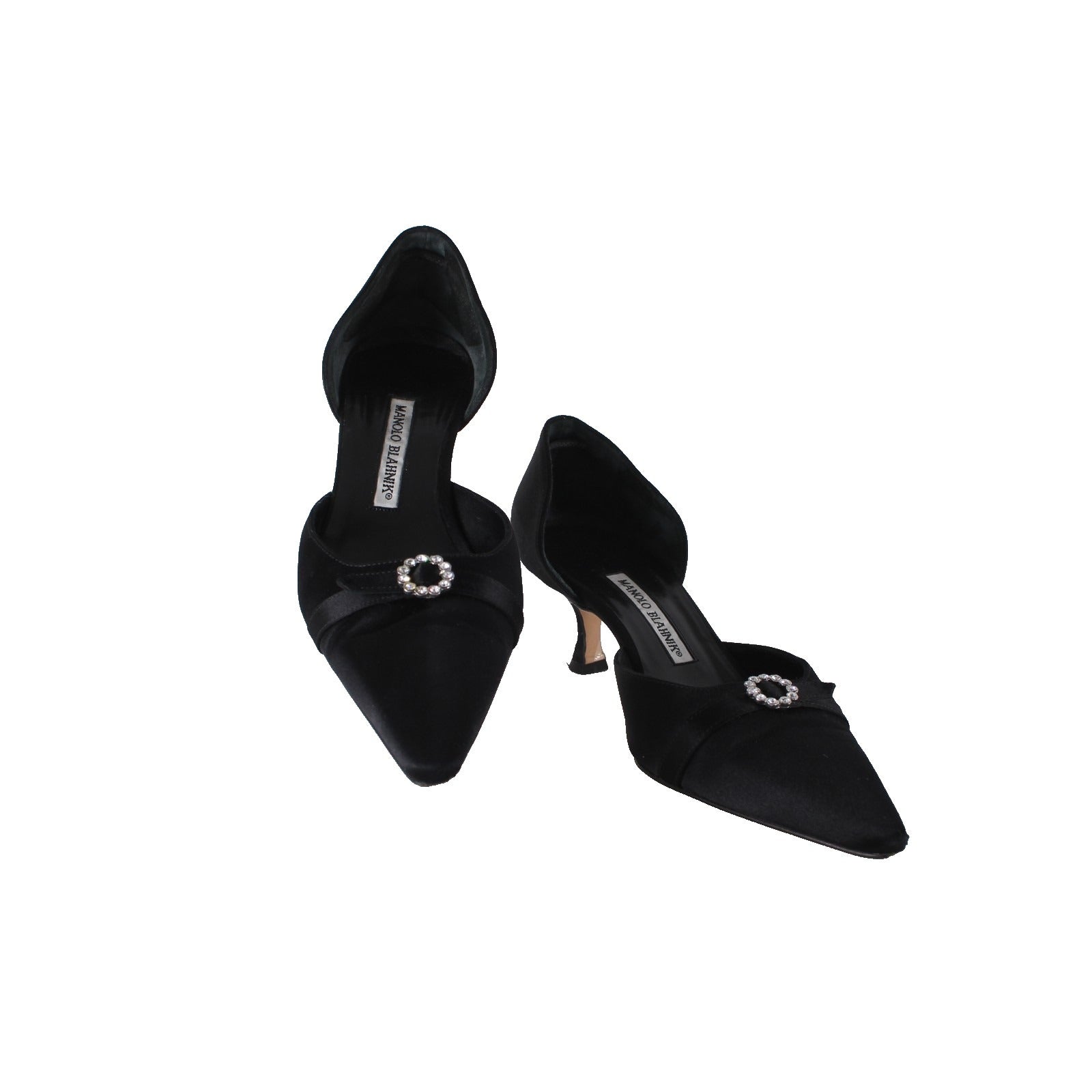 Manolo Blahnik Heels Floran Sz 38 Black Rhinestones Satin Leather Kitten 1.5"