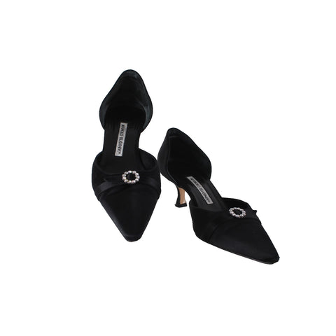 Manolo Blahnik Heels Floran Sz 38 Black Rhinestones Satin Leather Kitten 1.5"
