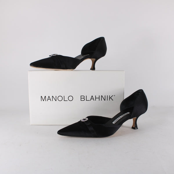 Manolo Blahnik Heels Floran Sz 38 Black Rhinestones Satin Leather Kitten 1.5"